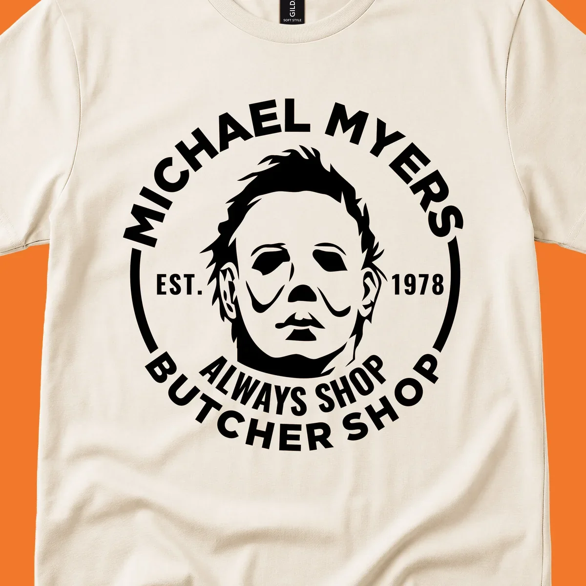 Michael Myers butcher shop logo with mask and text. michael-myers-butcher-shop.