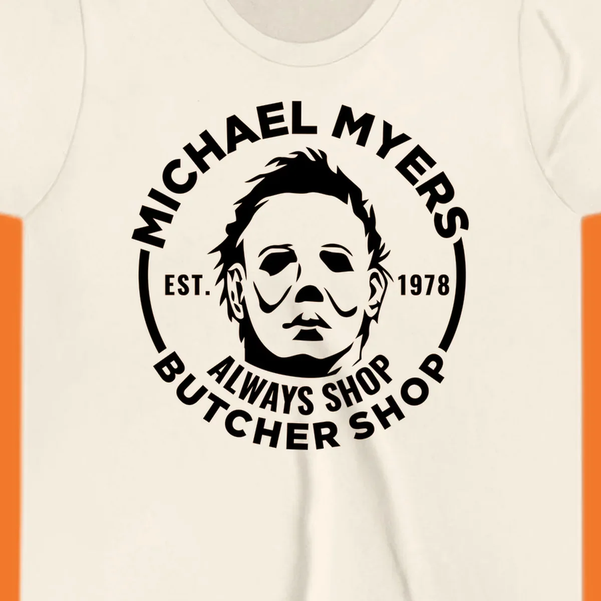 Michael Myers butcher shop logo with mask and text. michael-myers-butcher-shop.