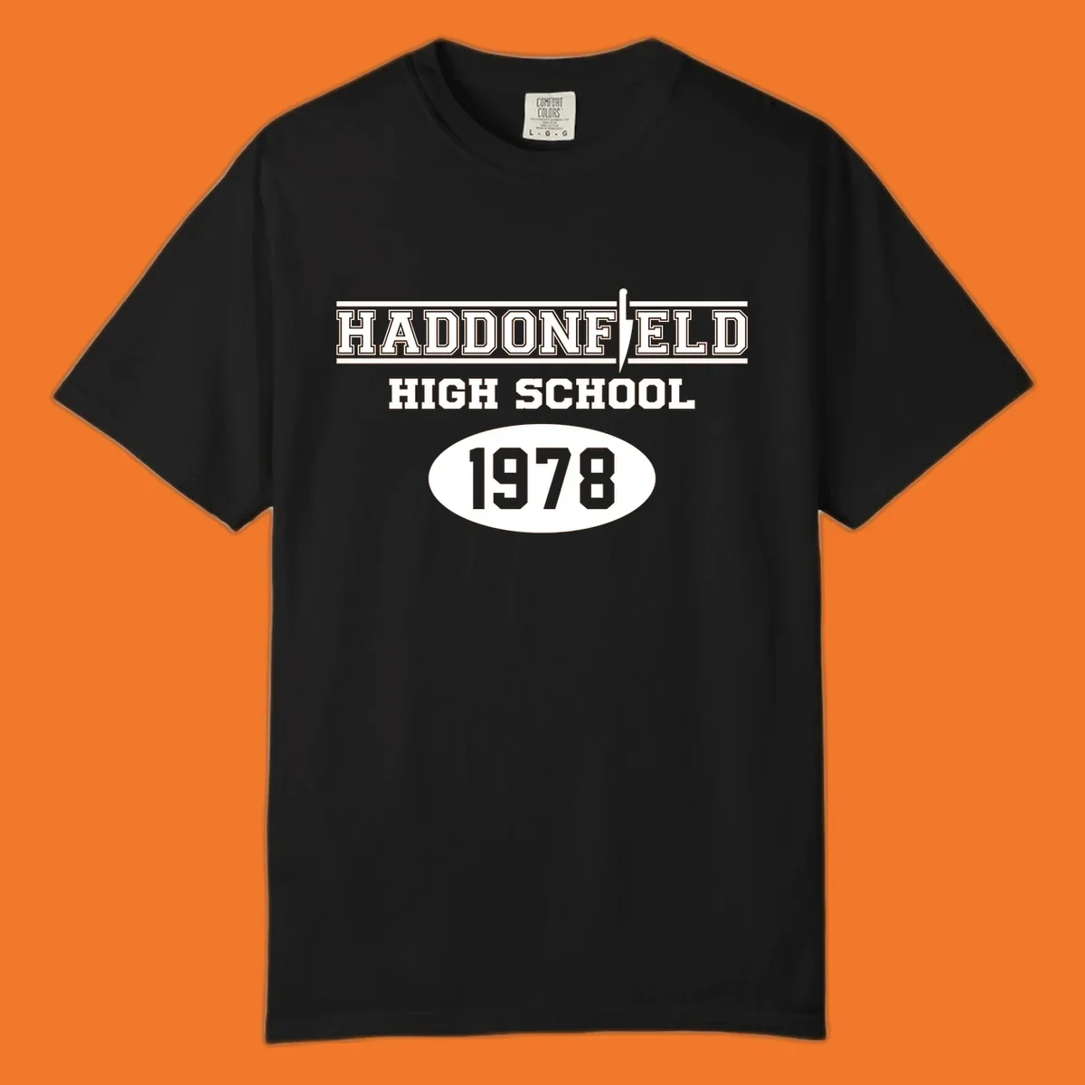 Haddonfield High School 1978 reunion design with text and a knife graphic.