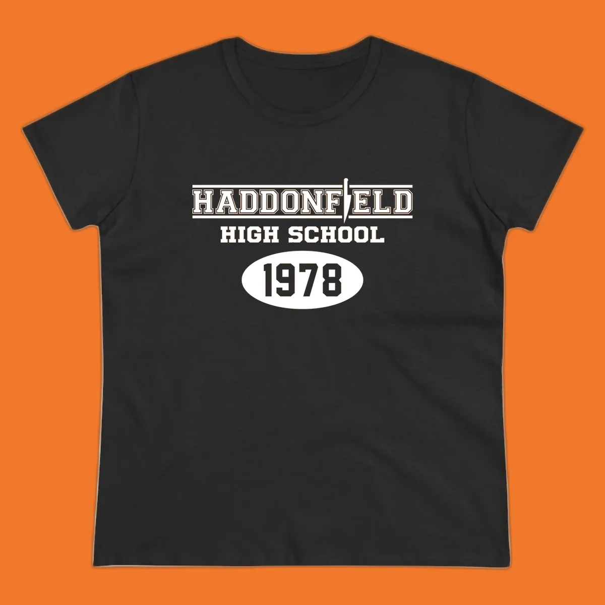 Haddonfield High School 1978 reunion design with text and a knife graphic.