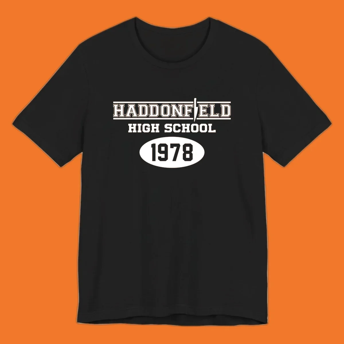 Haddonfield High School 1978 reunion design with text and a knife graphic.