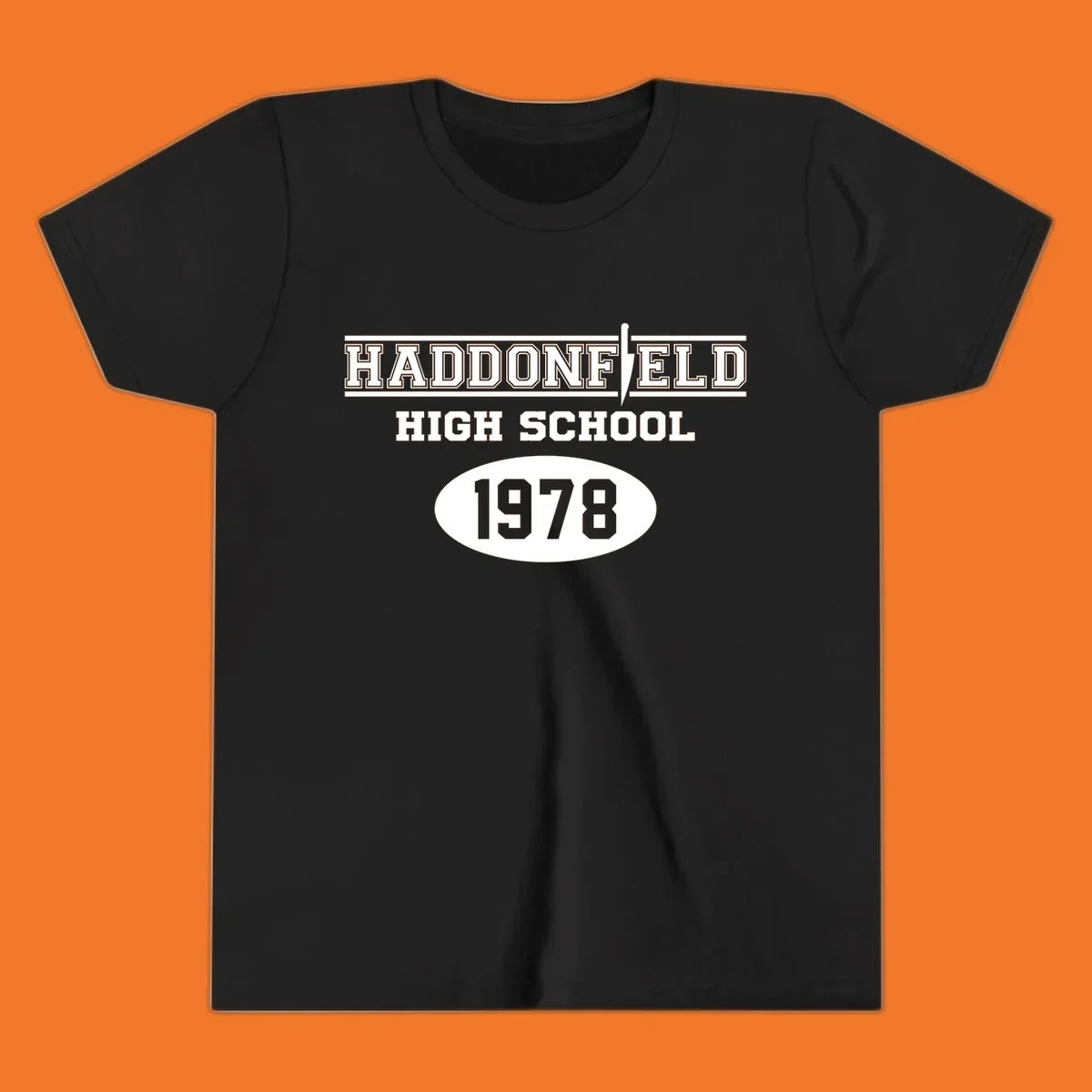 Haddonfield High School 1978 reunion design with text and a knife graphic.