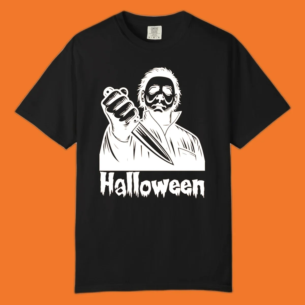 Michael Myers holding a knife with the word Halloween below - michael myers halloween
