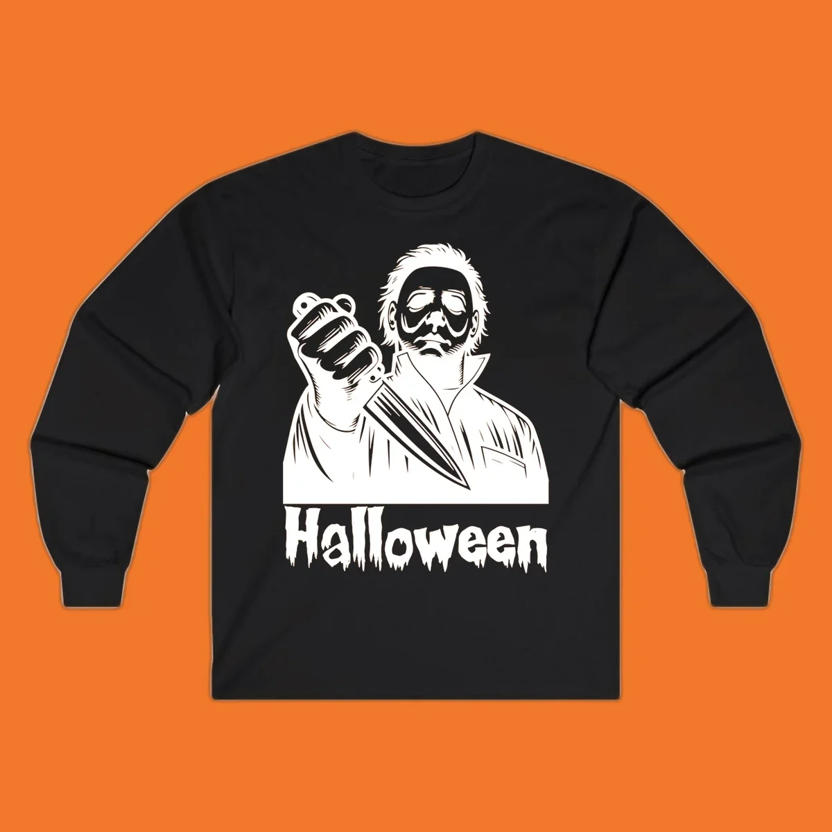 Michael Myers holding a knife with the word Halloween below - michael myers halloween