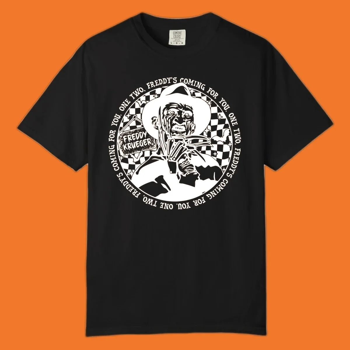 Freddy Krueger rhyme design with text 'One two, Freddy's coming for you.'