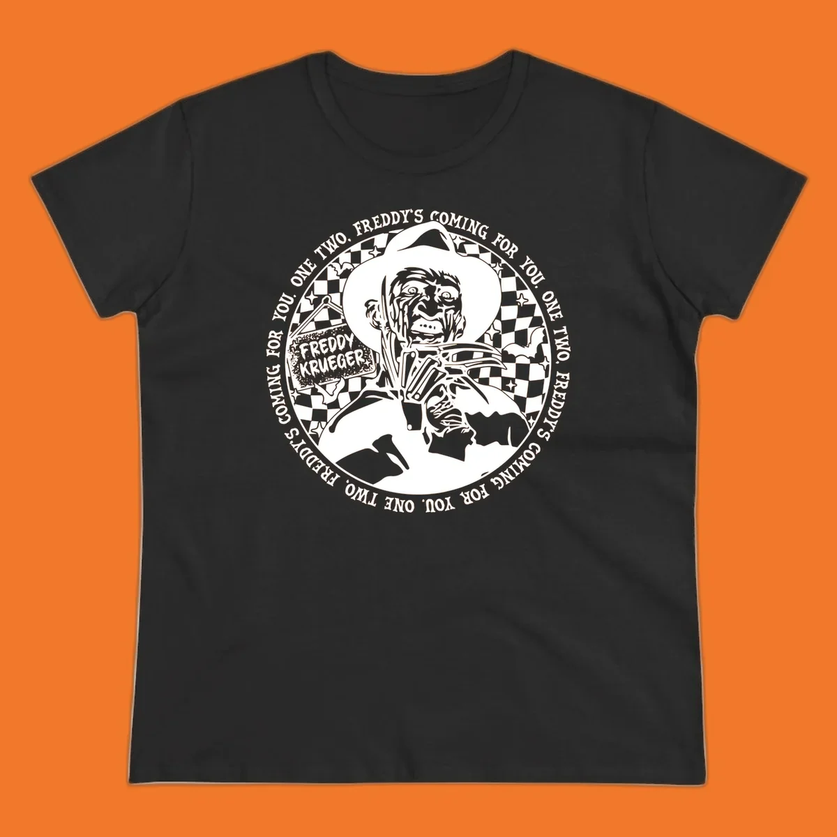 Freddy Krueger rhyme design with text 'One two, Freddy's coming for you.'