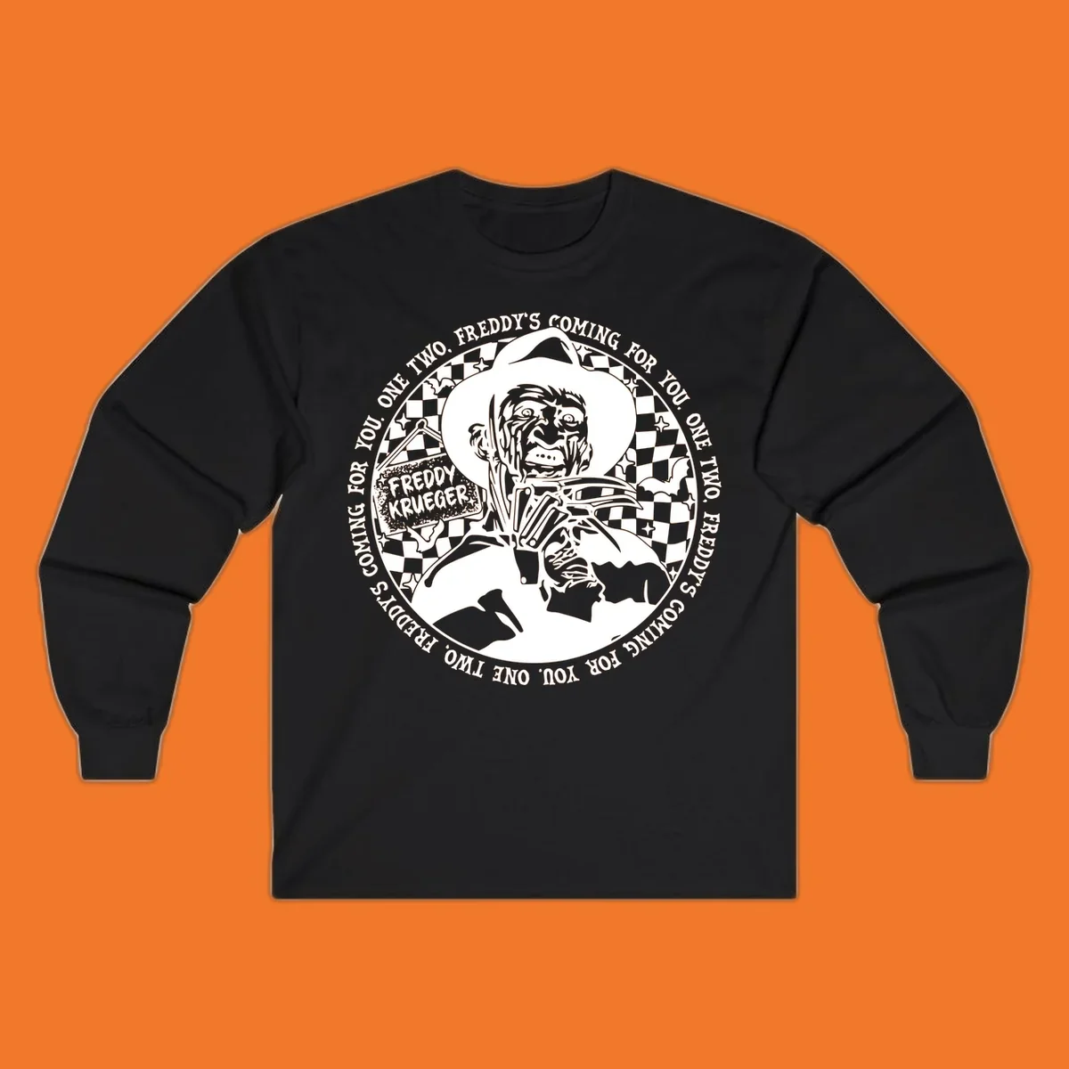 Freddy Krueger rhyme design with text 'One two, Freddy's coming for you.'