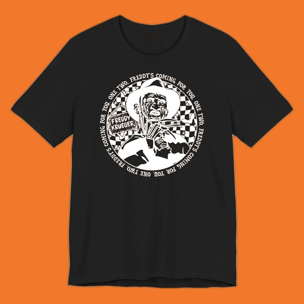Freddy Krueger rhyme design with text 'One two, Freddy's coming for you.'