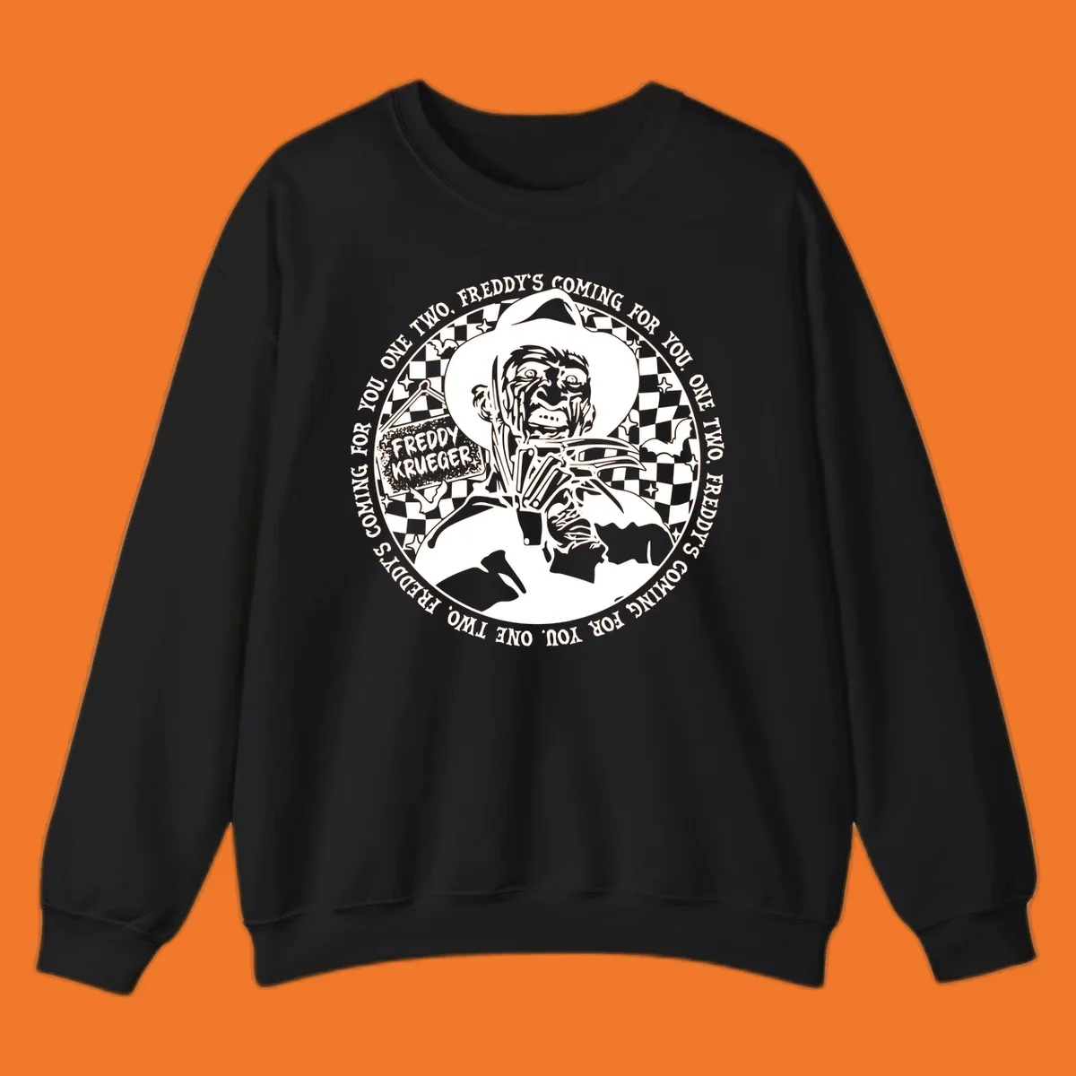 Freddy Krueger rhyme design with text 'One two, Freddy's coming for you.'