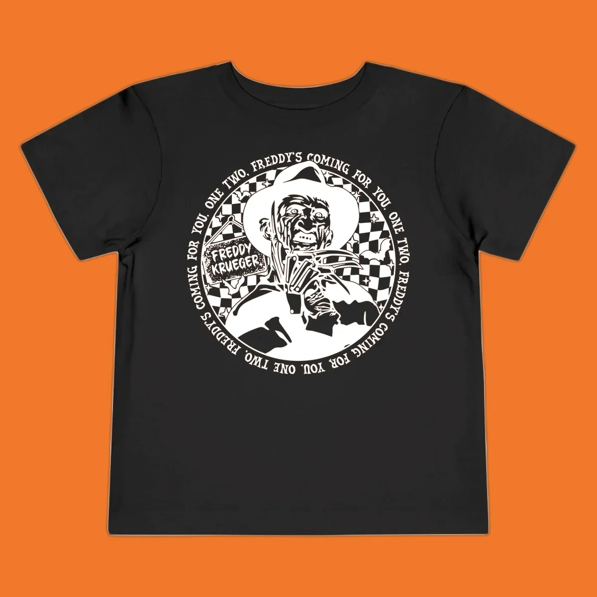 Freddy Krueger rhyme design with text 'One two, Freddy's coming for you.'
