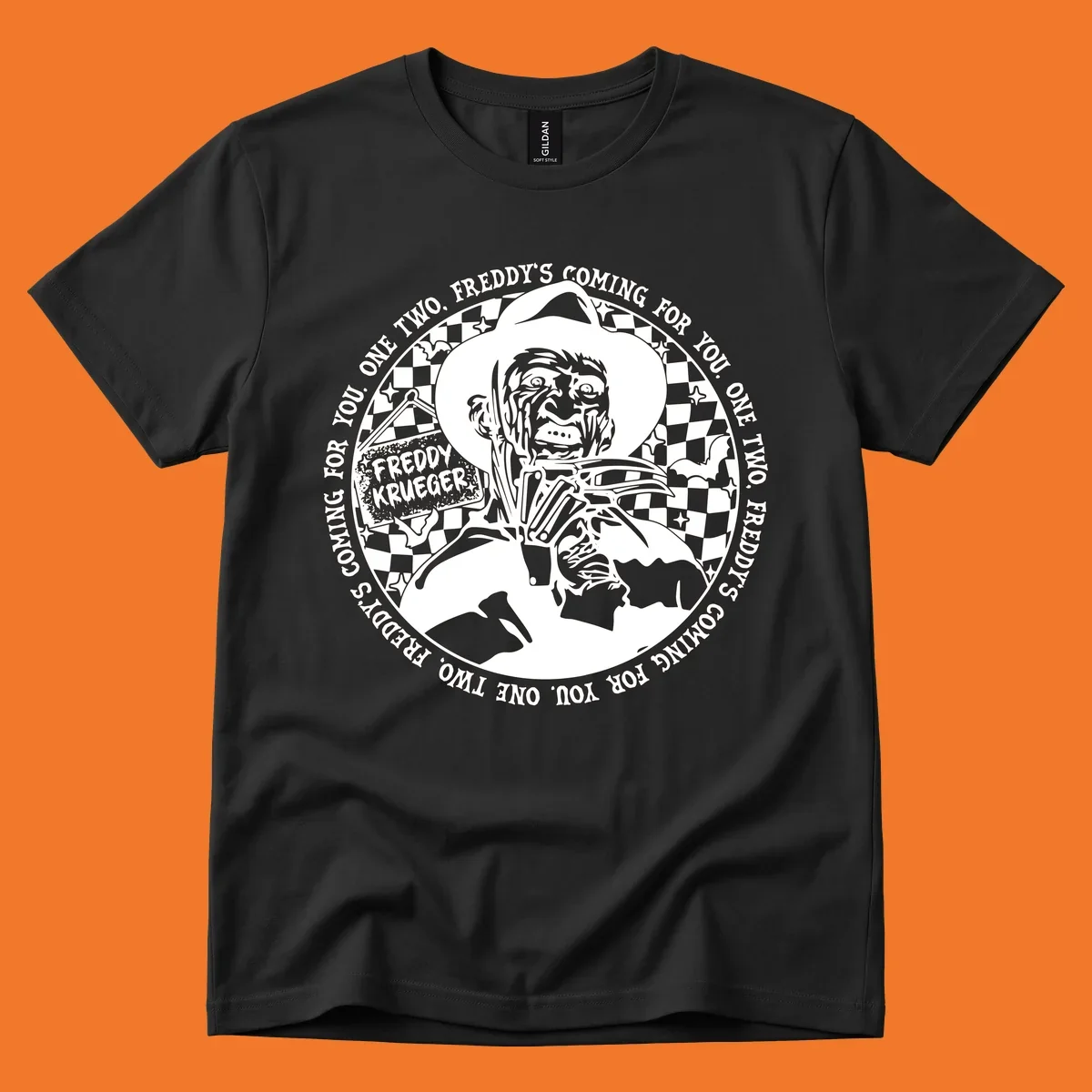 Freddy Krueger rhyme design with text 'One two, Freddy's coming for you.'