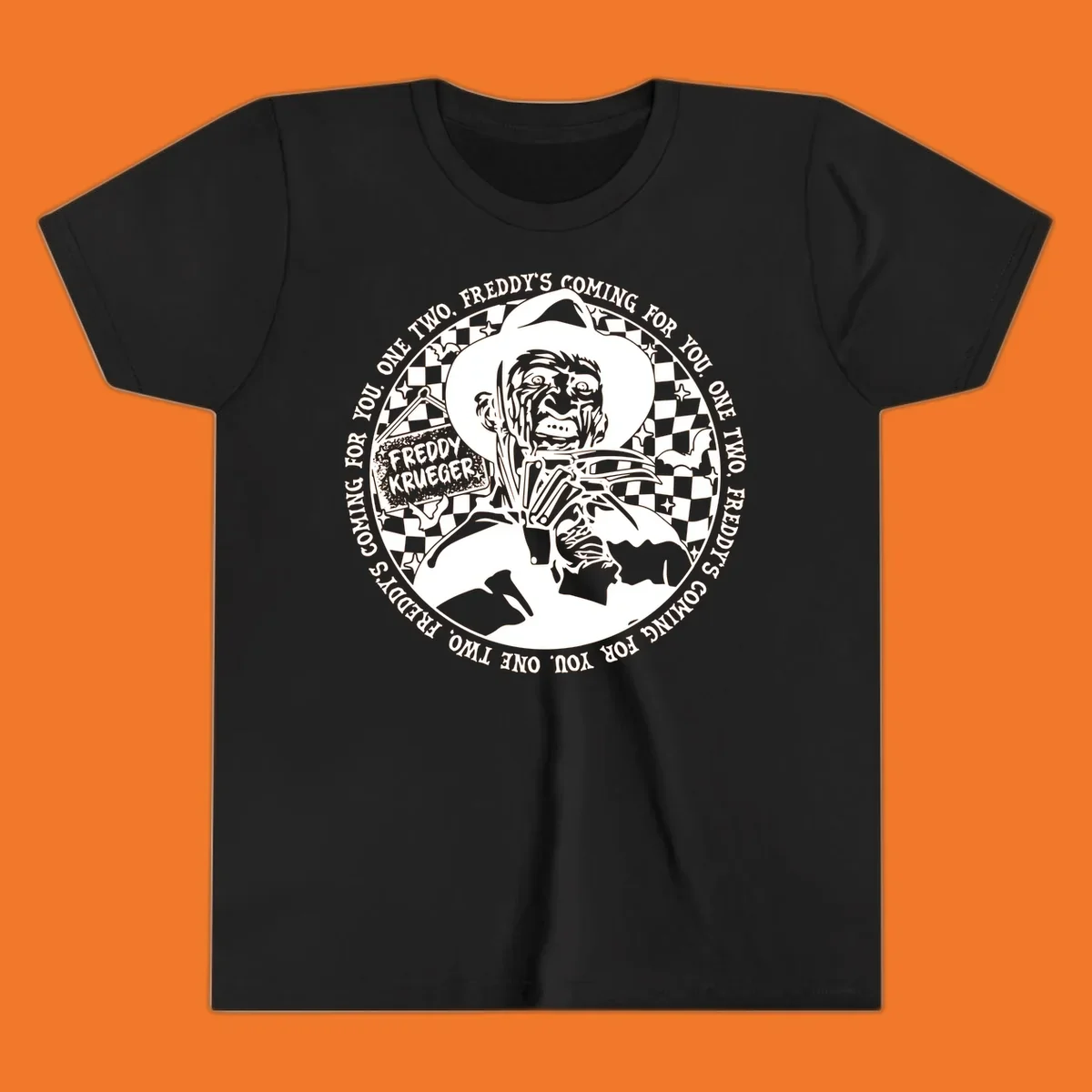 Freddy Krueger rhyme design with text 'One two, Freddy's coming for you.'