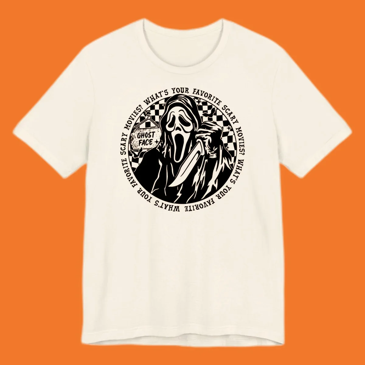 Ghost Face killer artwork with text asking 'What's your favorite scary movies?'