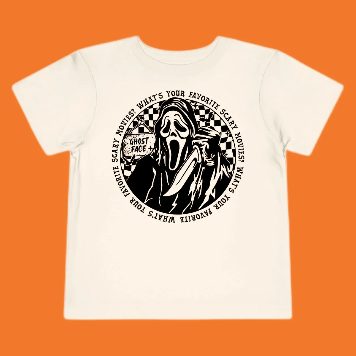 Ghost Face killer artwork with text asking 'What's your favorite scary movies?'
