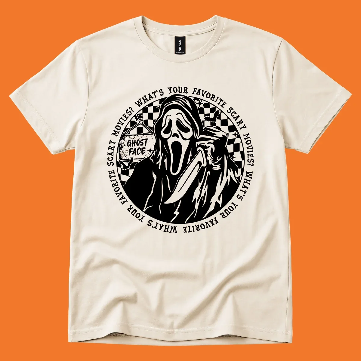 Ghost Face killer artwork with text asking 'What's your favorite scary movies?'
