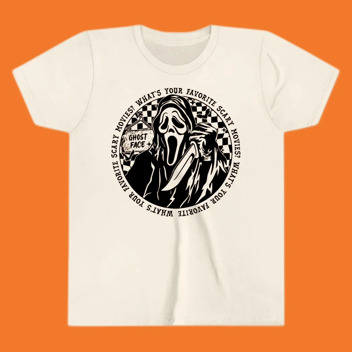 Ghost Face killer artwork with text asking 'What's your favorite scary movies?'