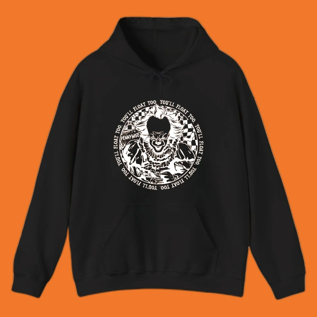 Pennywise the clown design with 'You'll Float Too' text, for horror fans.