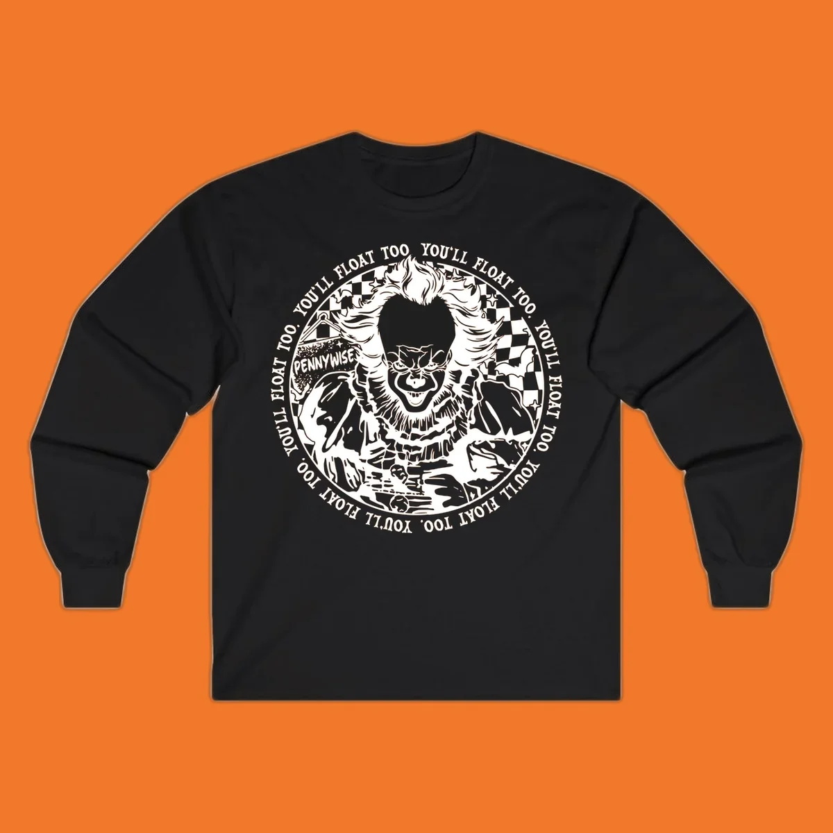 Pennywise the clown design with 'You'll Float Too' text, for horror fans.