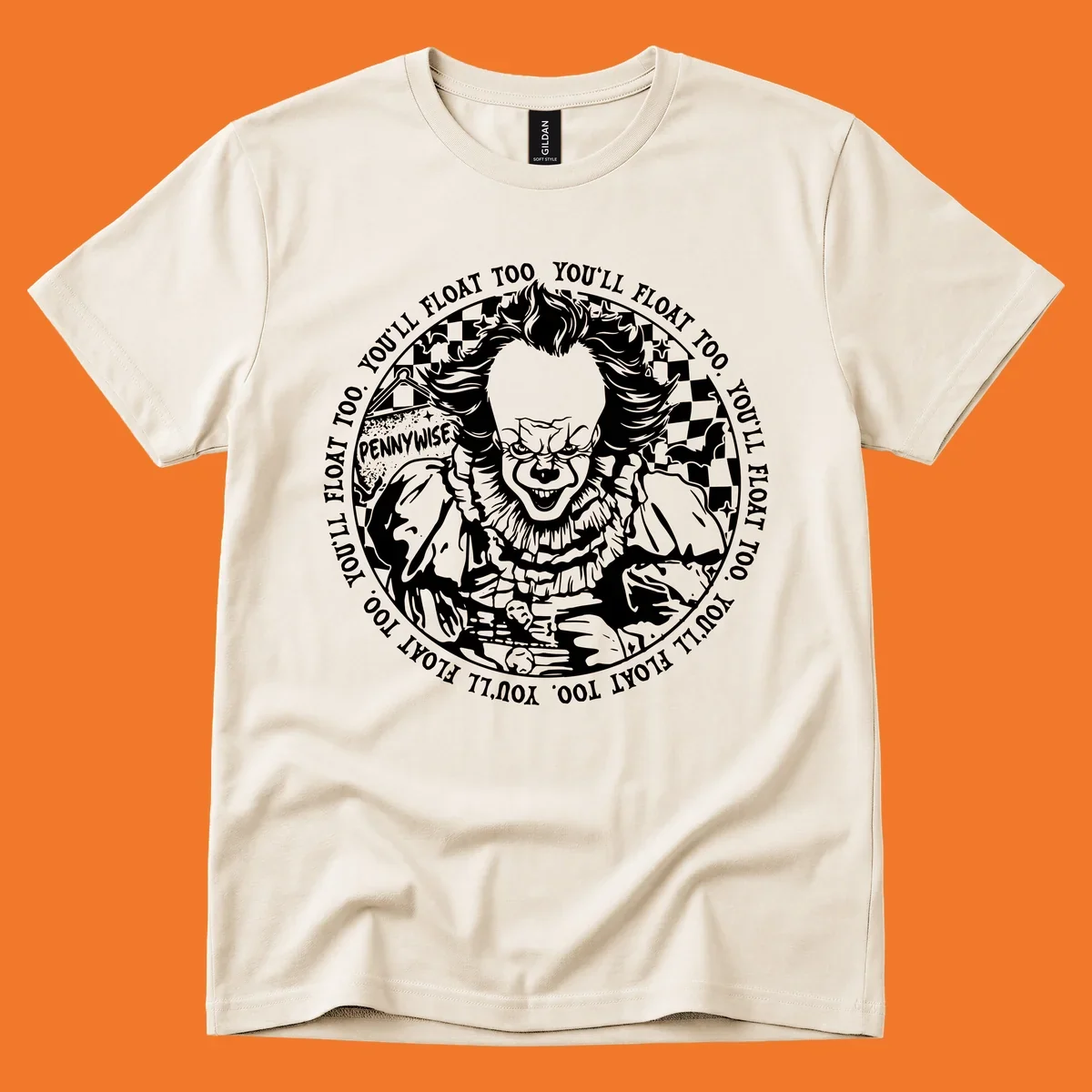 Pennywise the clown design with 'You'll Float Too' text, for horror fans.