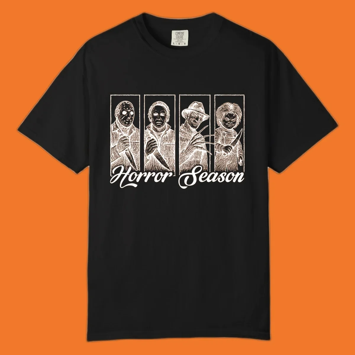 Classic horror villains Jason, Michael, Freddy, and Chucky with 'Horror Season' text.