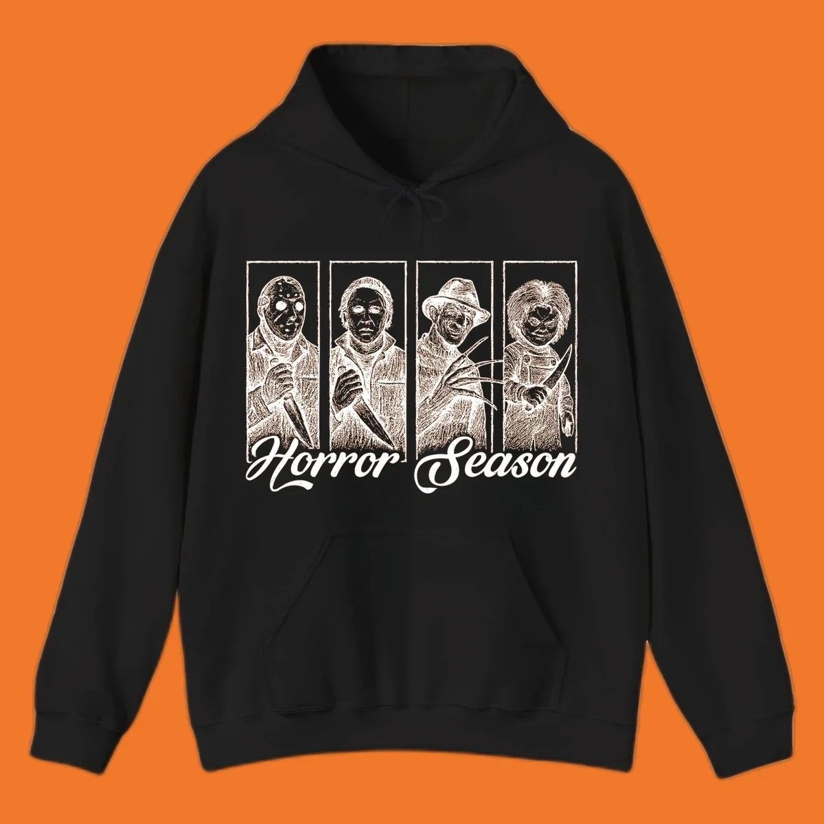 Classic horror villains Jason, Michael, Freddy, and Chucky with 'Horror Season' text.