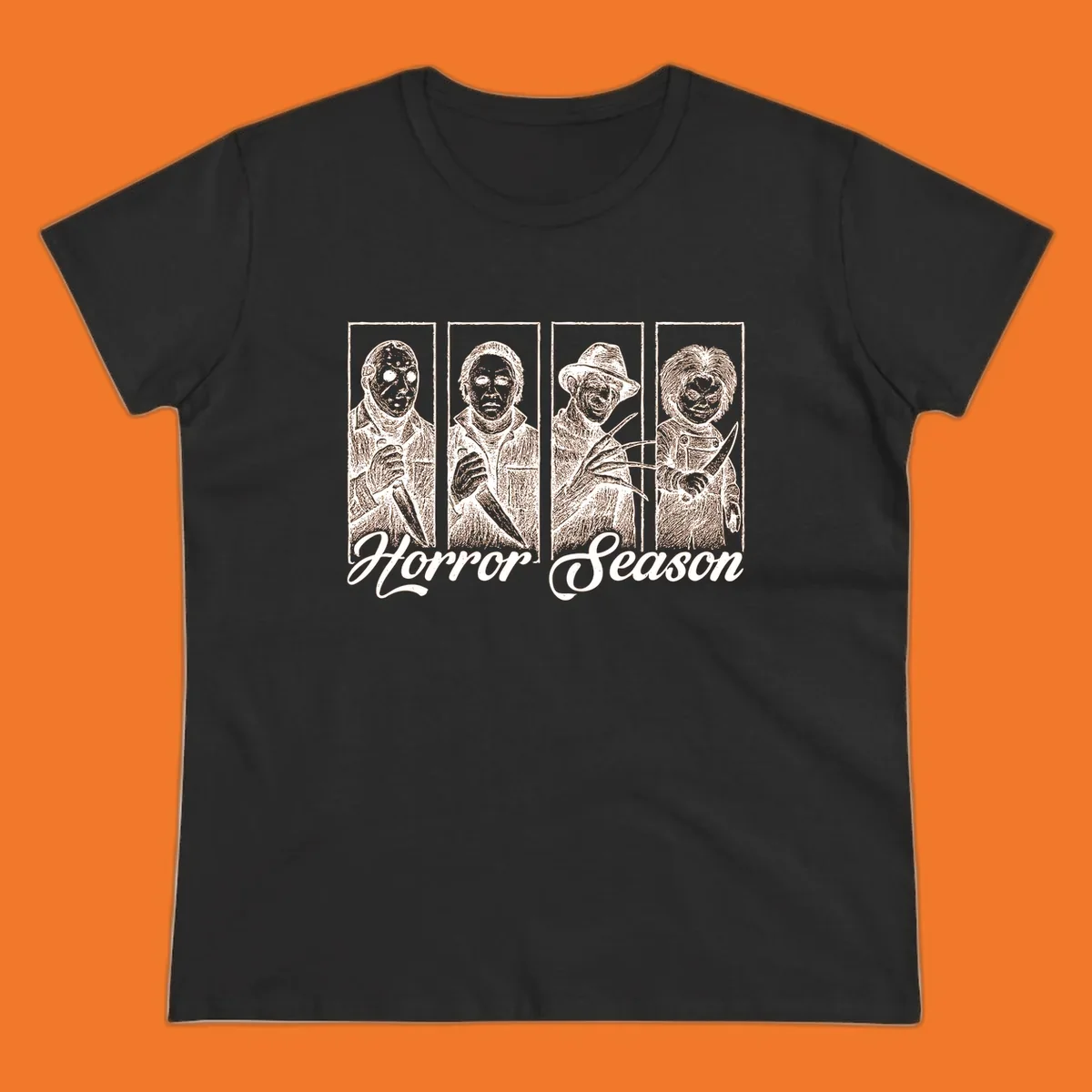 Classic horror villains Jason, Michael, Freddy, and Chucky with 'Horror Season' text.