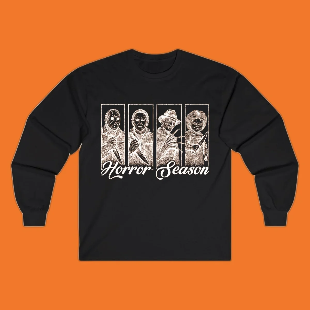 Classic horror villains Jason, Michael, Freddy, and Chucky with 'Horror Season' text.