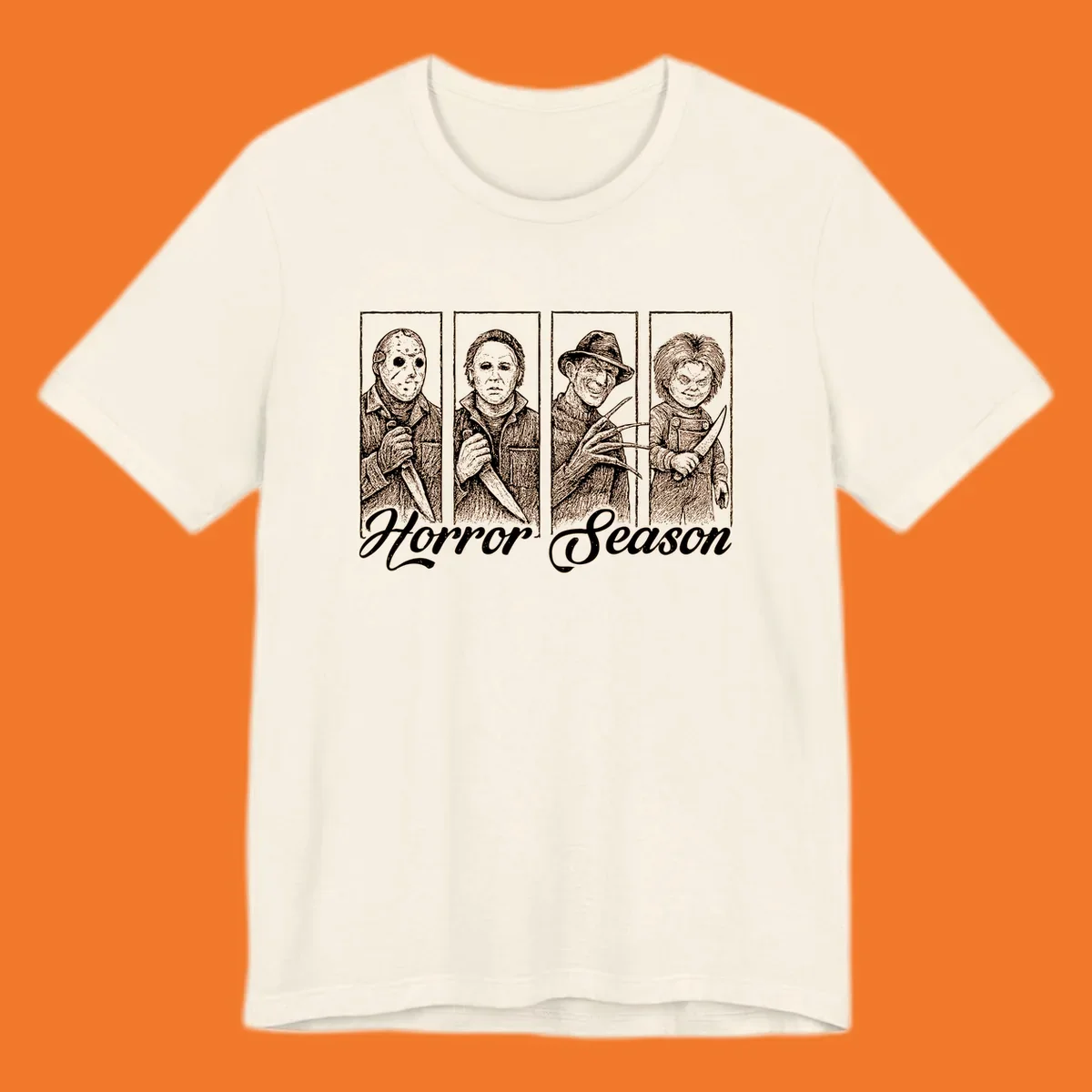 Classic horror villains Jason, Michael, Freddy, and Chucky with 'Horror Season' text.