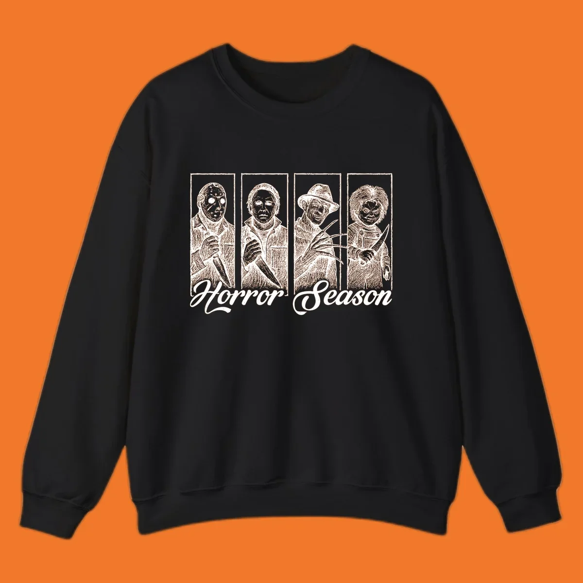 Classic horror villains Jason, Michael, Freddy, and Chucky with 'Horror Season' text.