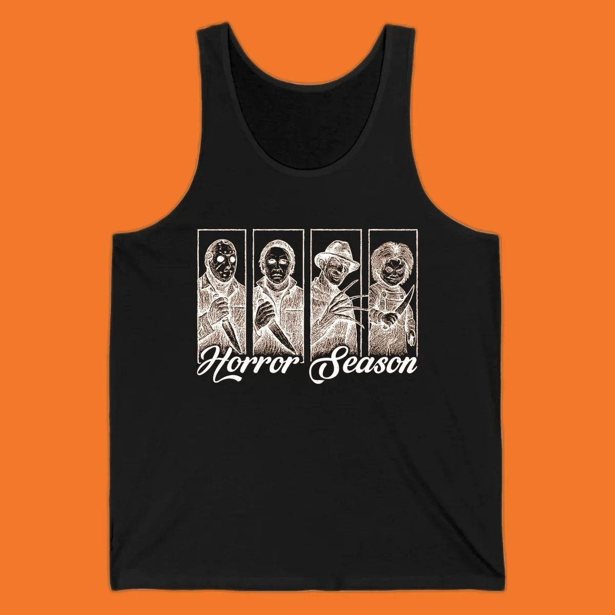 Classic horror villains Jason, Michael, Freddy, and Chucky with 'Horror Season' text.