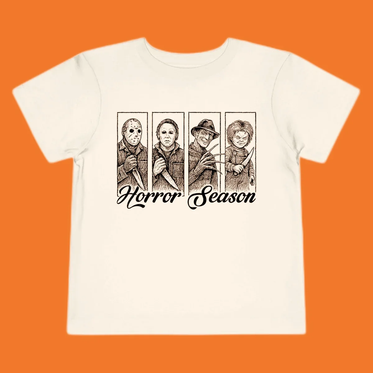 Classic horror villains Jason, Michael, Freddy, and Chucky with 'Horror Season' text.