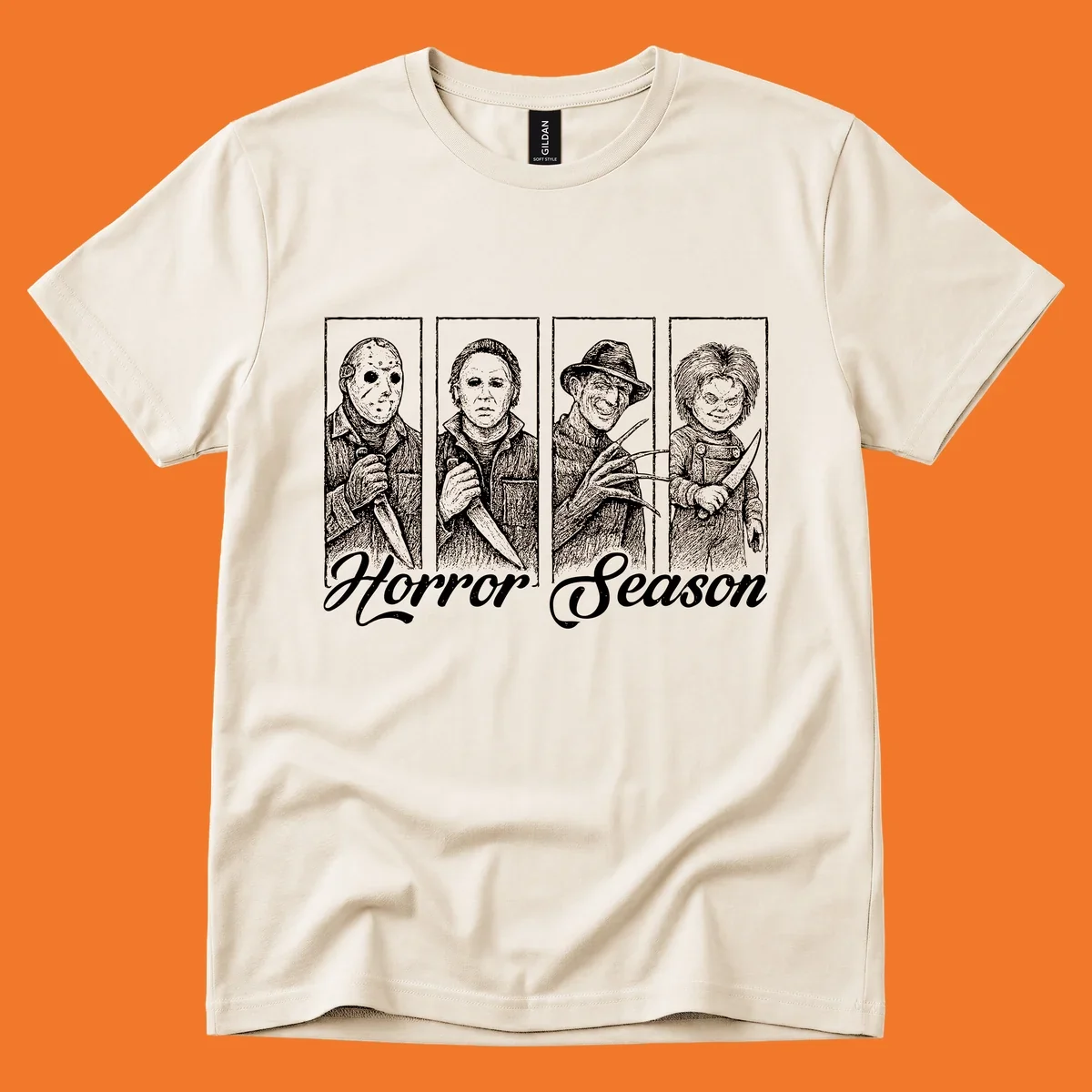 Classic horror villains Jason, Michael, Freddy, and Chucky with 'Horror Season' text.