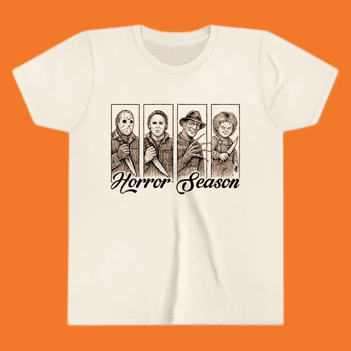 Classic horror villains Jason, Michael, Freddy, and Chucky with 'Horror Season' text.