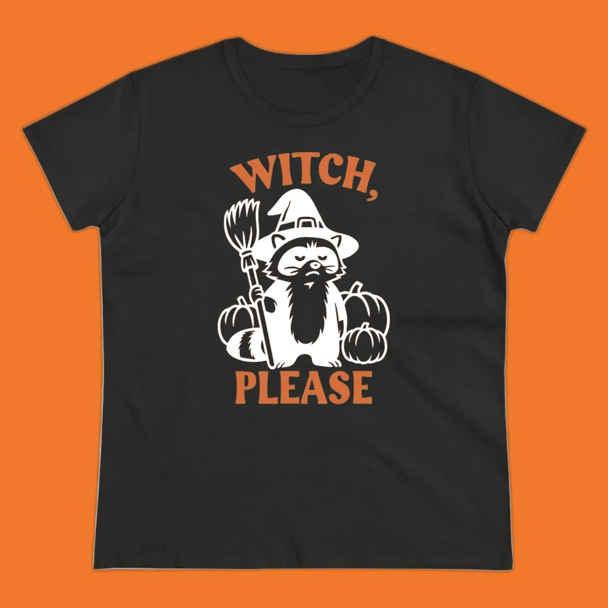 Witch, Please Raccoon Halloween design with a grumpy raccoon witch, broom, and pumpkins.