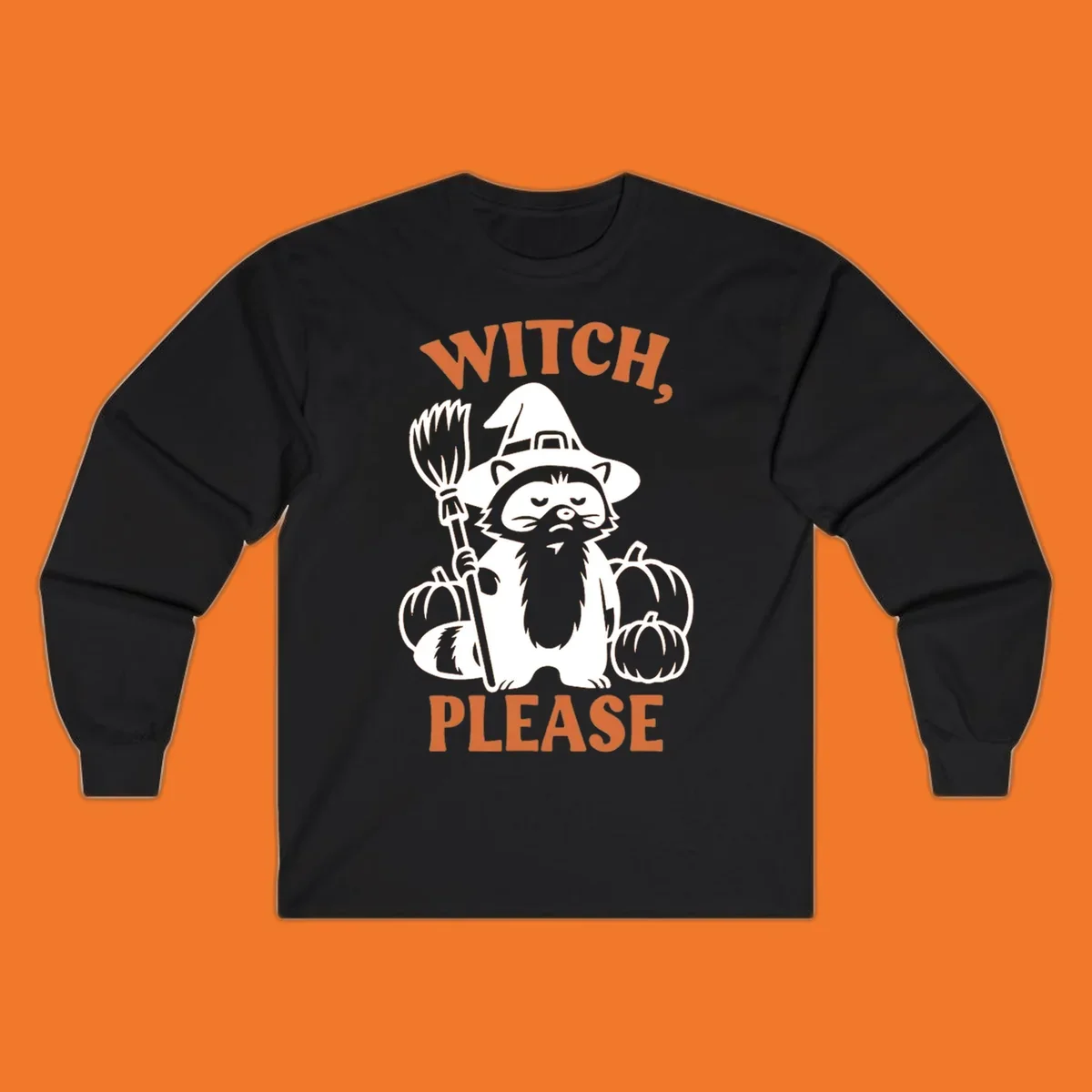 Witch, Please Raccoon Halloween design with a grumpy raccoon witch, broom, and pumpkins.