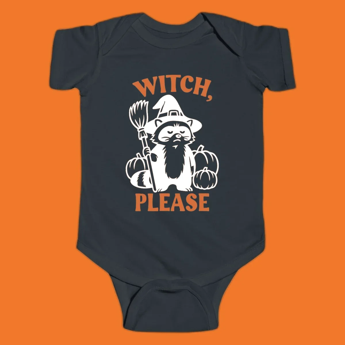 Witch, Please Raccoon Halloween design with a grumpy raccoon witch, broom, and pumpkins.