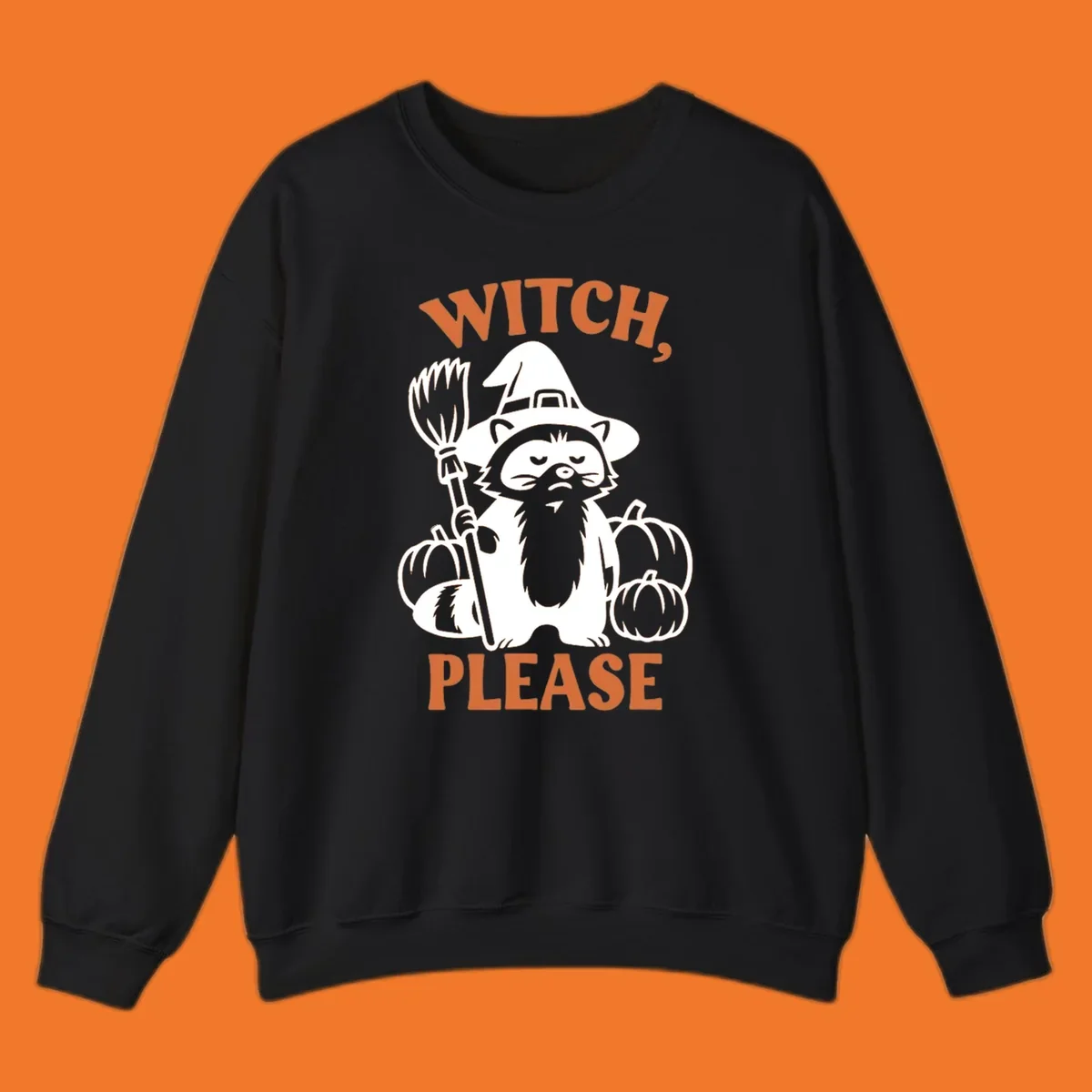 Witch, Please Raccoon Halloween design with a grumpy raccoon witch, broom, and pumpkins.