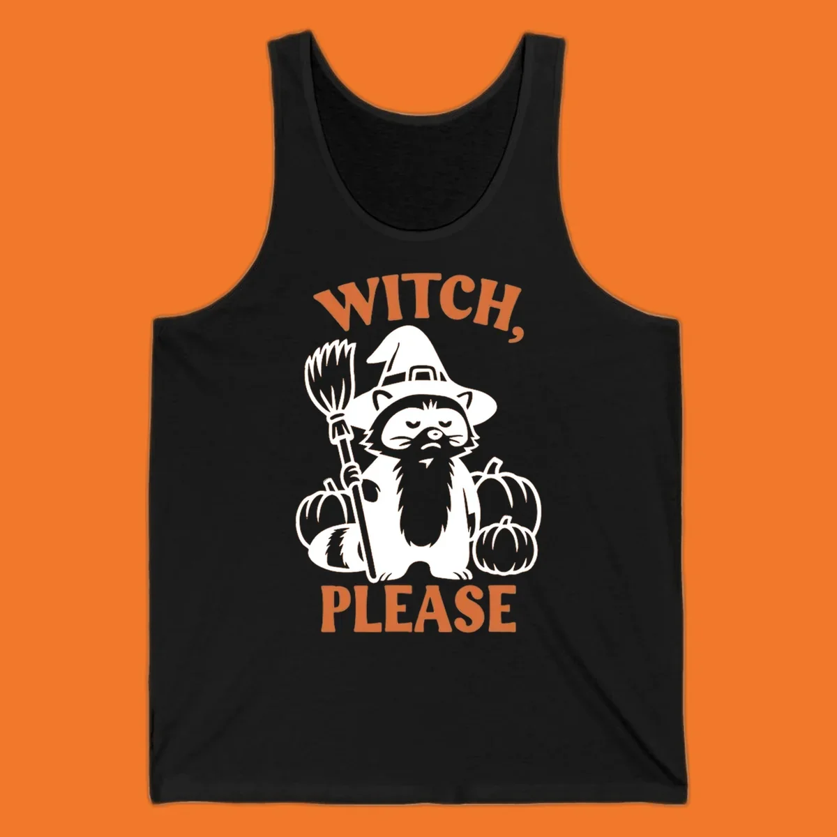 Witch, Please Raccoon Halloween design with a grumpy raccoon witch, broom, and pumpkins.