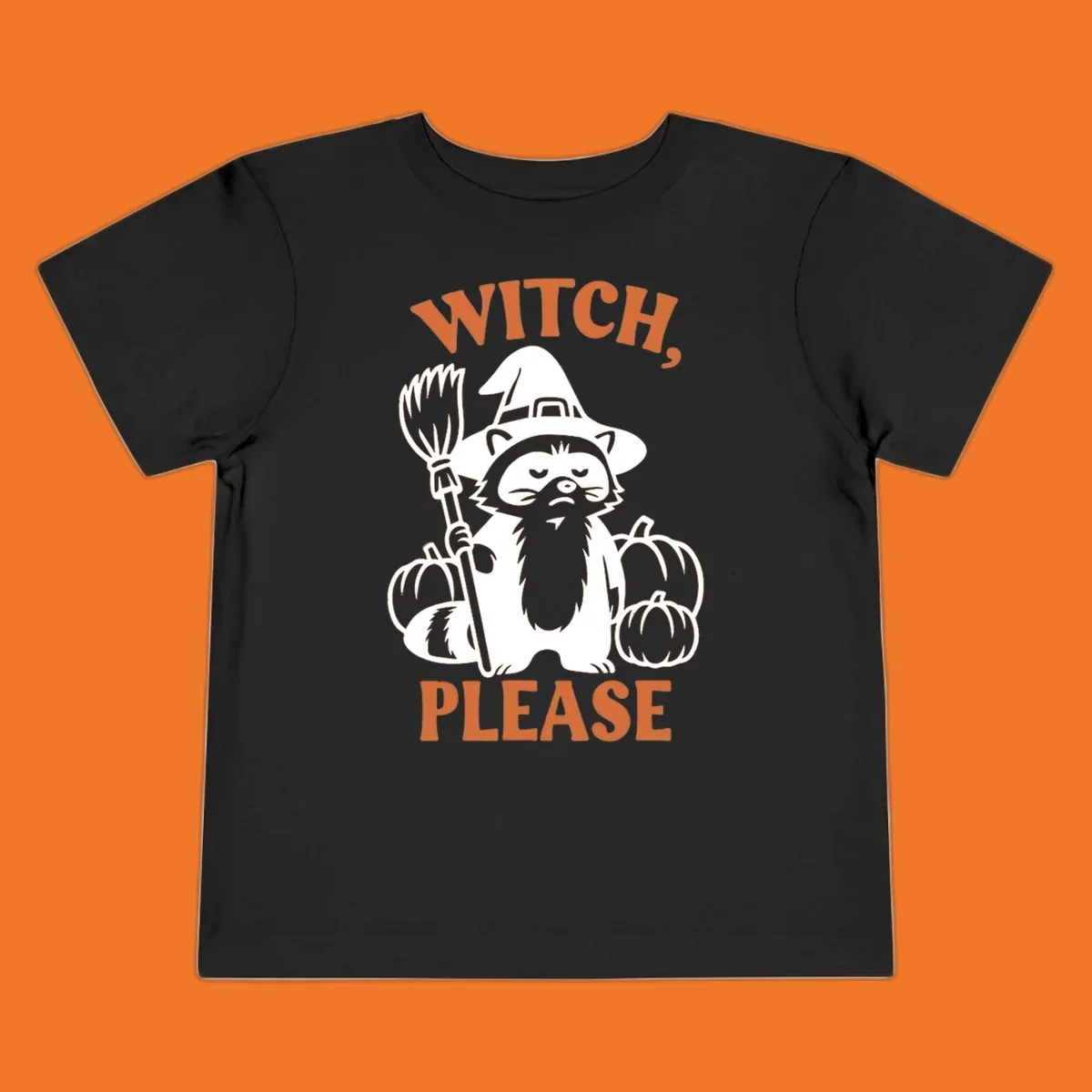 Witch, Please Raccoon Halloween design with a grumpy raccoon witch, broom, and pumpkins.