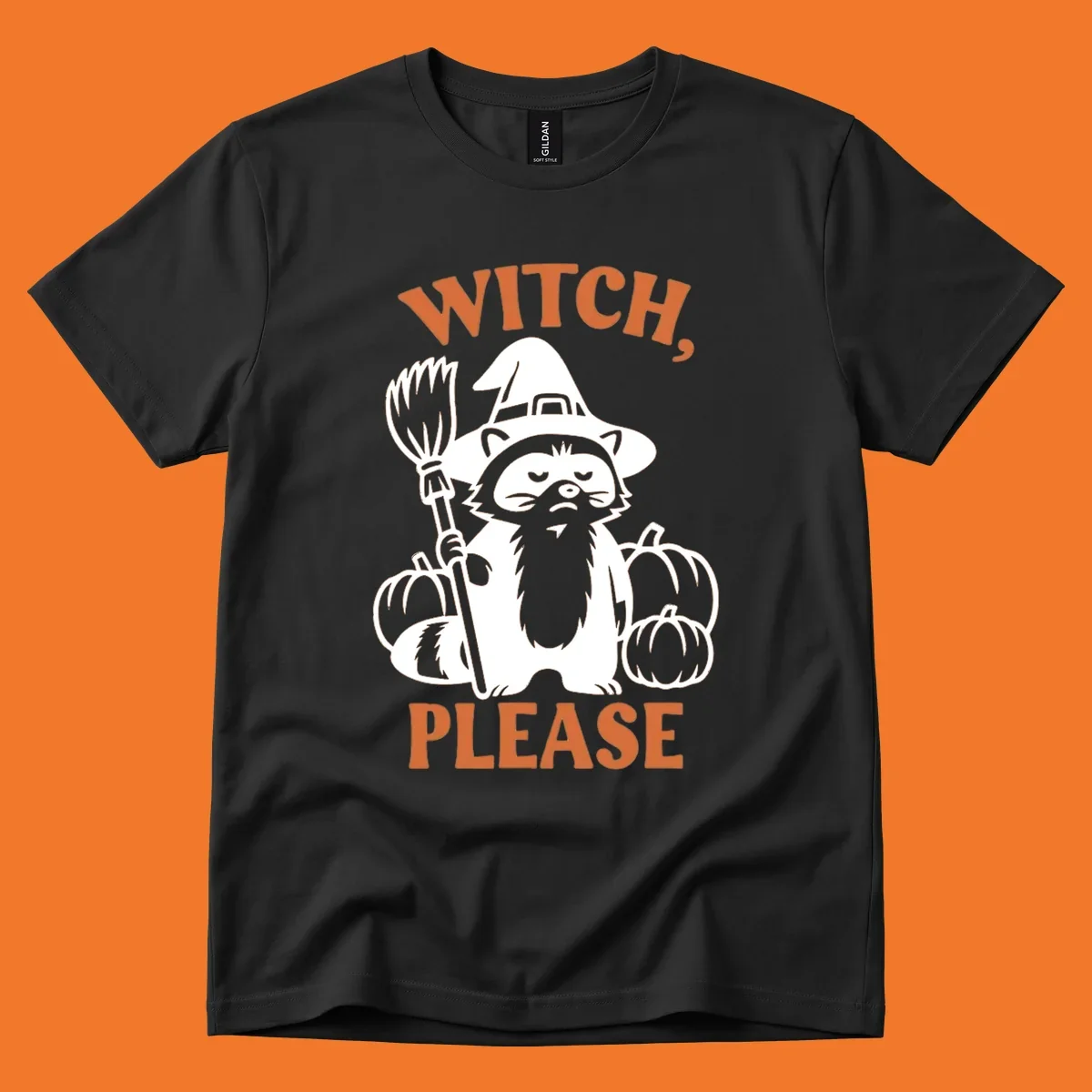 Witch, Please Raccoon Halloween design with a grumpy raccoon witch, broom, and pumpkins.