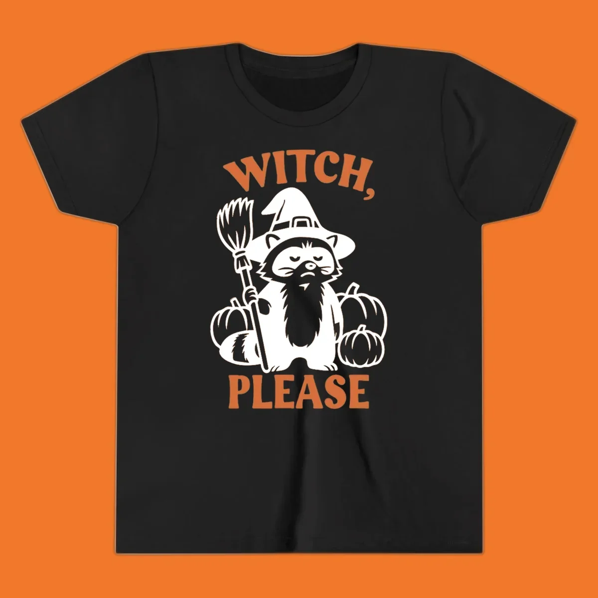 Witch, Please Raccoon Halloween design with a grumpy raccoon witch, broom, and pumpkins.