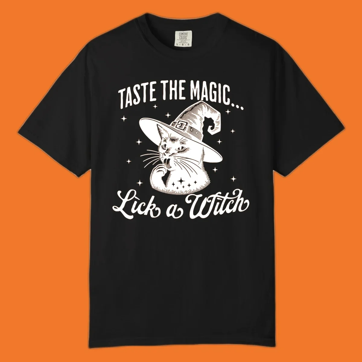 Illustration of a witch cat with text 'Taste The Magic... Lick a Witch', featuring the lick-a-witch-cat concept.