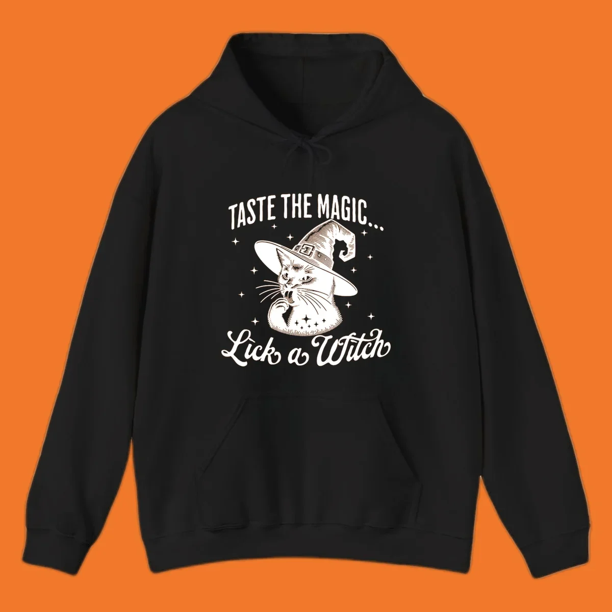 Illustration of a witch cat with text 'Taste The Magic... Lick a Witch', featuring the lick-a-witch-cat concept.