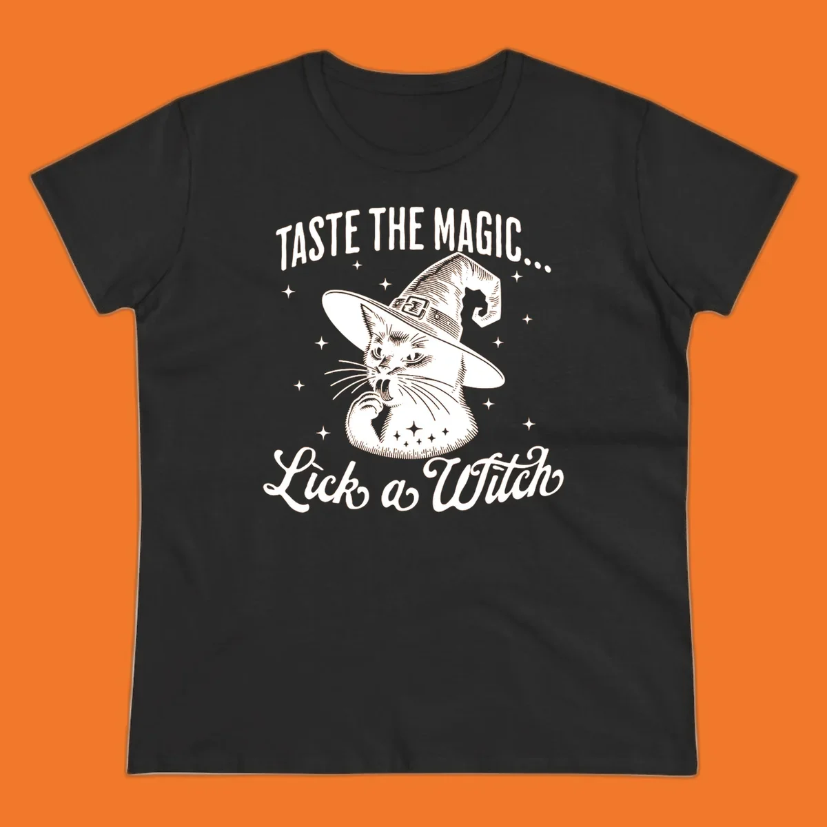 Illustration of a witch cat with text 'Taste The Magic... Lick a Witch', featuring the lick-a-witch-cat concept.