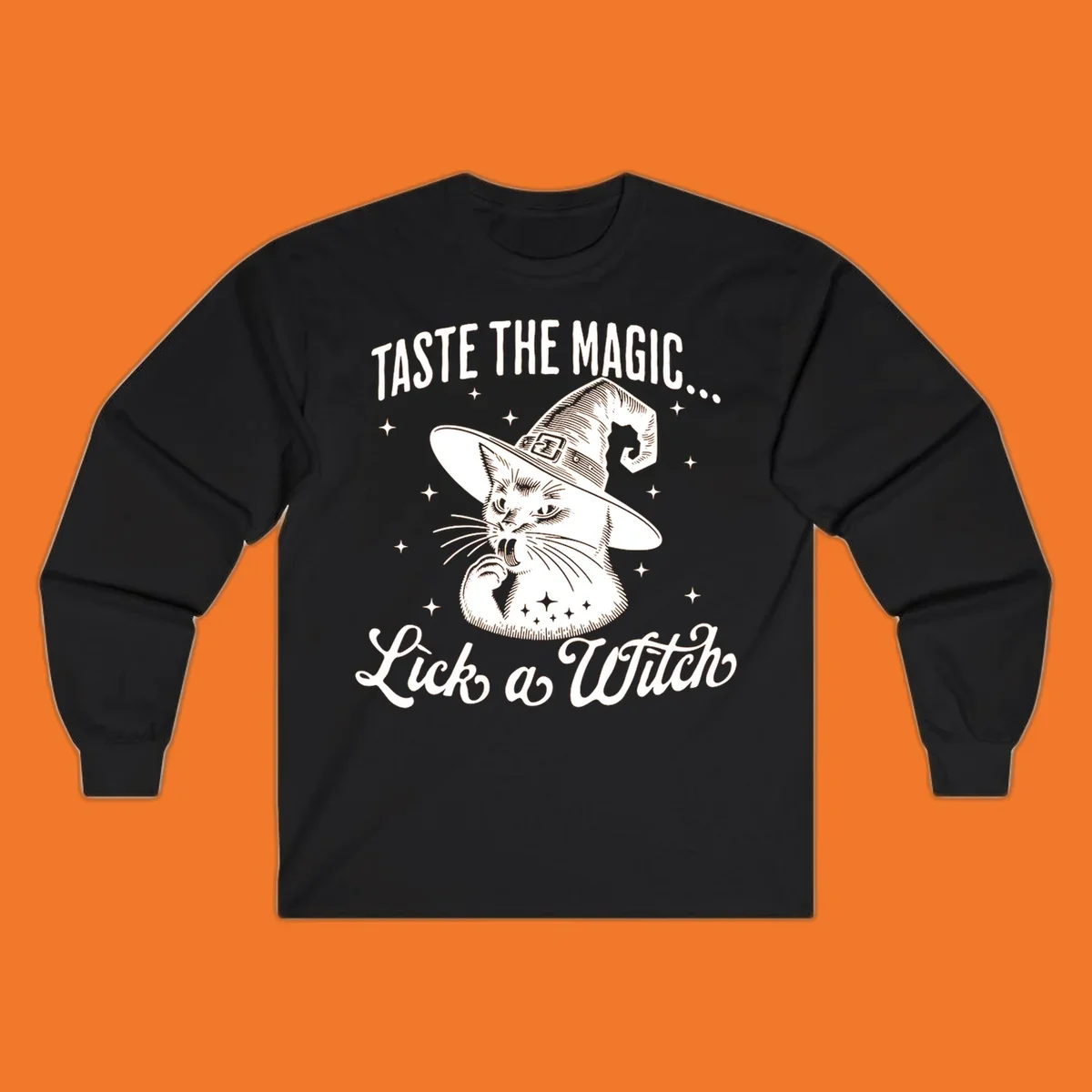 Illustration of a witch cat with text 'Taste The Magic... Lick a Witch', featuring the lick-a-witch-cat concept.