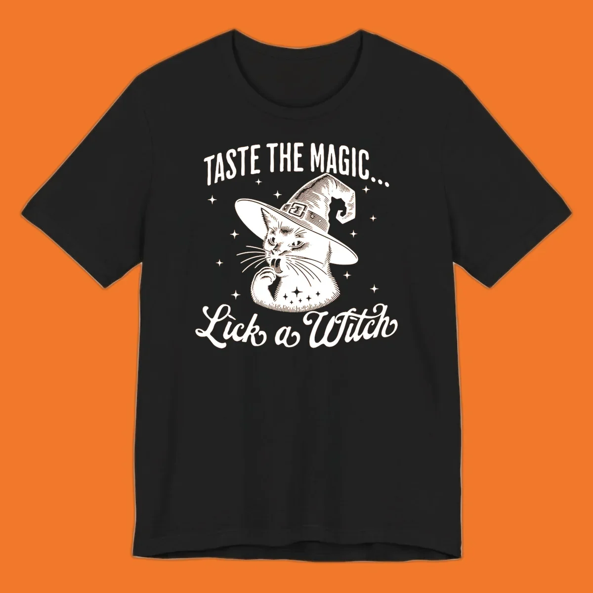 Illustration of a witch cat with text 'Taste The Magic... Lick a Witch', featuring the lick-a-witch-cat concept.