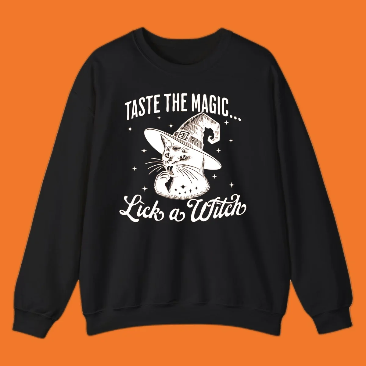 Illustration of a witch cat with text 'Taste The Magic... Lick a Witch', featuring the lick-a-witch-cat concept.