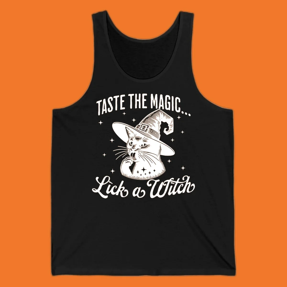 Illustration of a witch cat with text 'Taste The Magic... Lick a Witch', featuring the lick-a-witch-cat concept.