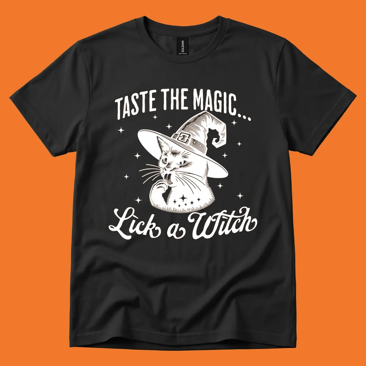 Illustration of a witch cat with text 'Taste The Magic... Lick a Witch', featuring the lick-a-witch-cat concept.