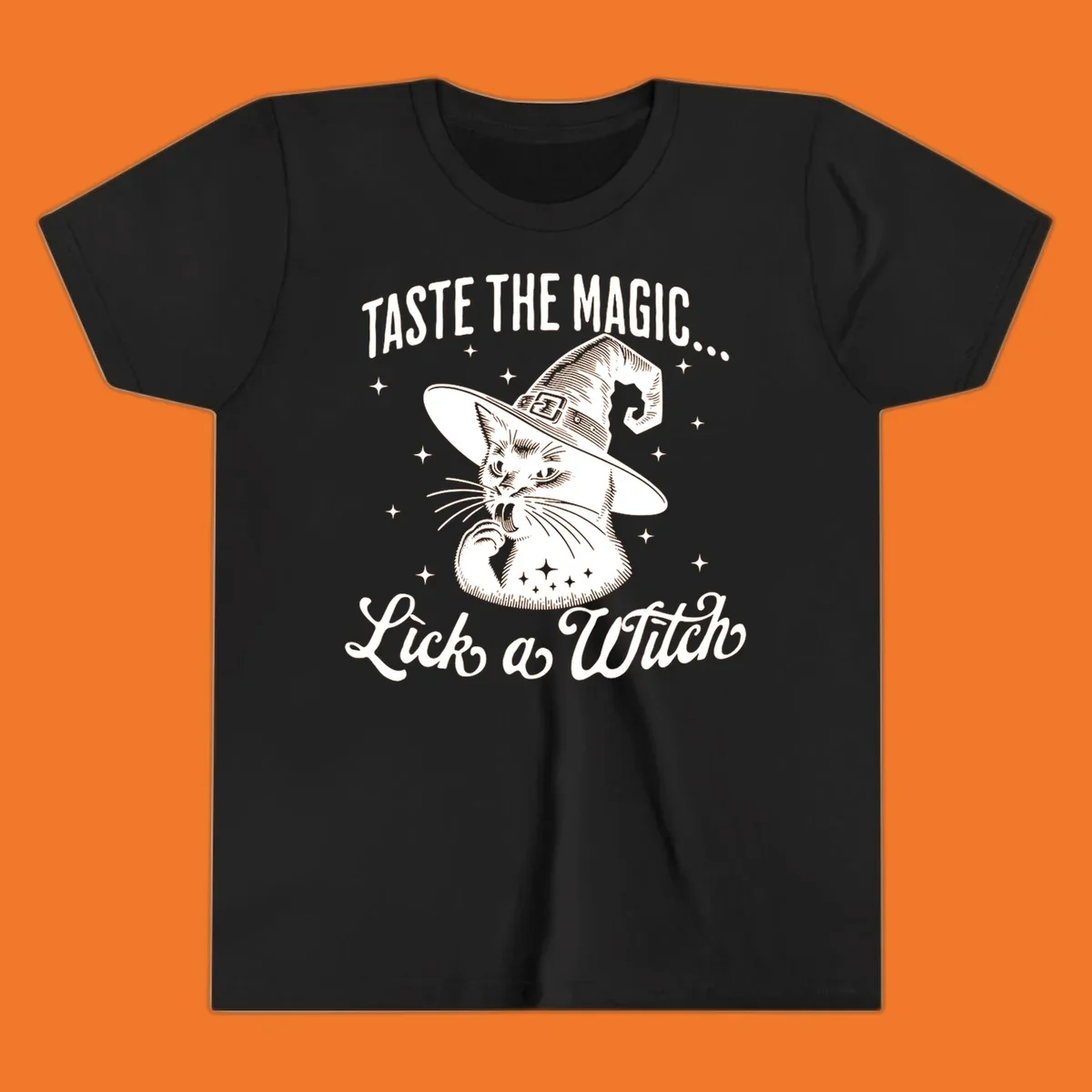 Illustration of a witch cat with text 'Taste The Magic... Lick a Witch', featuring the lick-a-witch-cat concept.